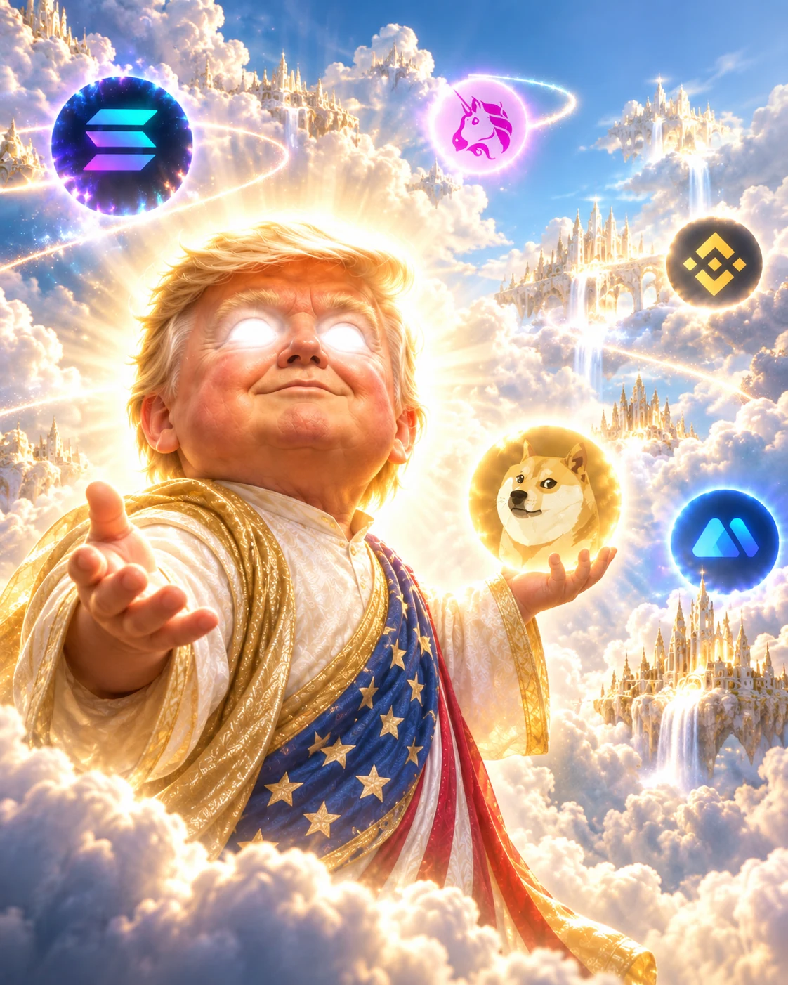 Celestial TRUMP SEASON character surrounded by orbiting crypto orbs