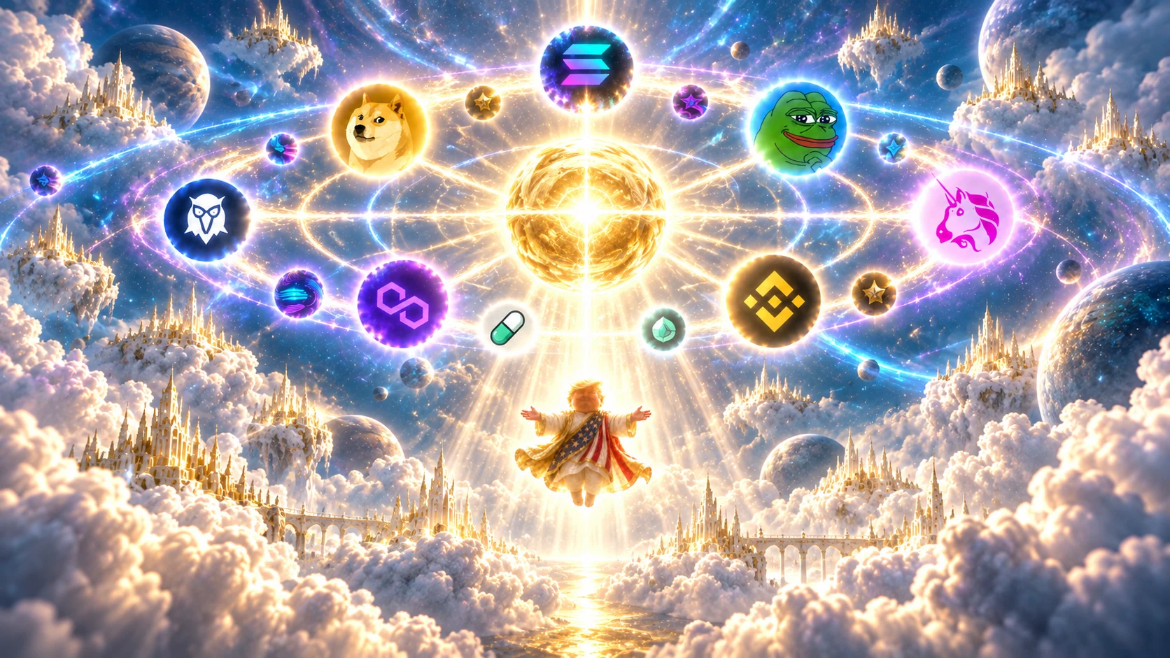 A celestial alignment of glowing crypto orbs above the TRUMP SEASON world